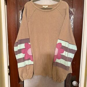 Brown Long Sleeve Top with Floral Sleeves